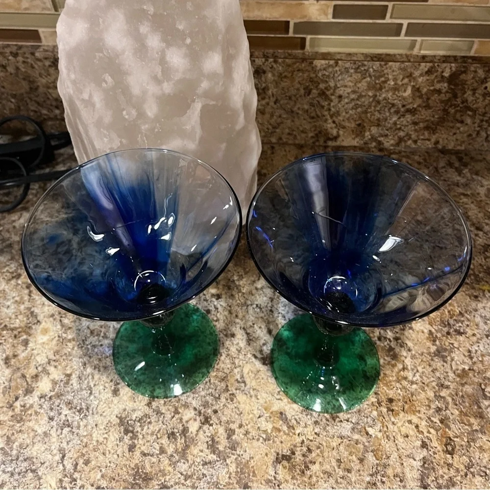 Vintage Libbey Marbleique Blue Swirl and Green Martini Glasses Set of 2